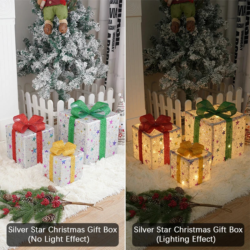 Christmas Lighted Gift Boxes with Remote Control, Set of 3 Smart Luxury Present Boxes for Christmas Decorations Indoors Outdoors