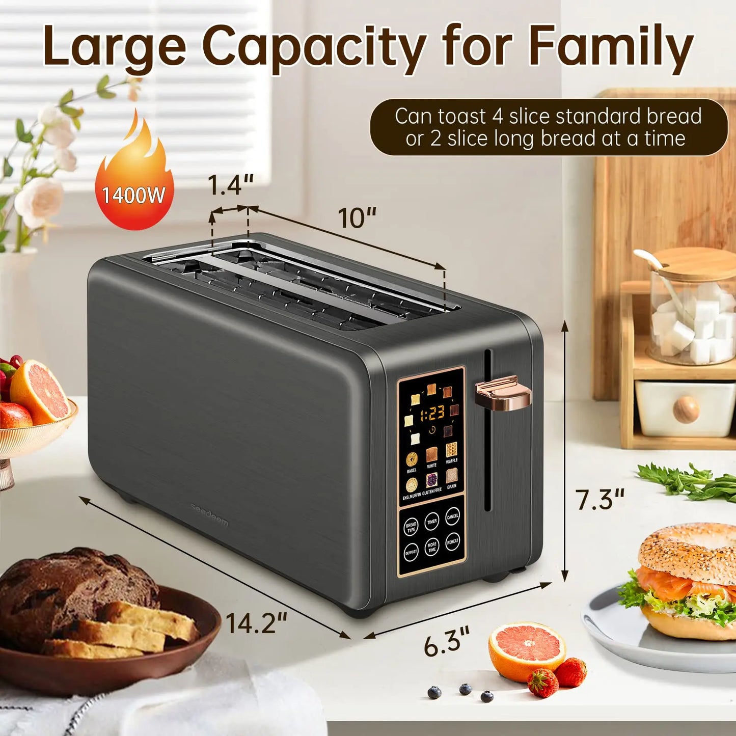 Toaster 4 Slice,Long Slot Toaster with LCD Display Touch Buttons,7 Shade Settings, Multiple Functions,Stainless Steel,1400W