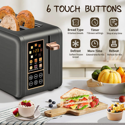 Toaster 4 Slice,Long Slot Toaster with LCD Display Touch Buttons,7 Shade Settings, Multiple Functions,Stainless Steel,1400W