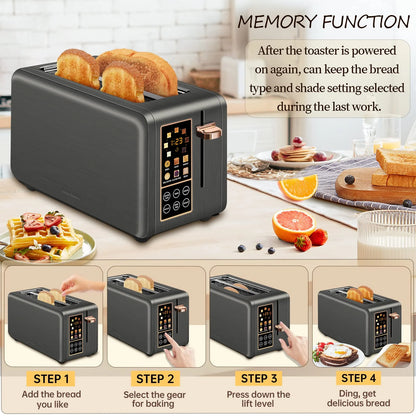 Toaster 4 Slice,Long Slot Toaster with LCD Display Touch Buttons,7 Shade Settings, Multiple Functions,Stainless Steel,1400W